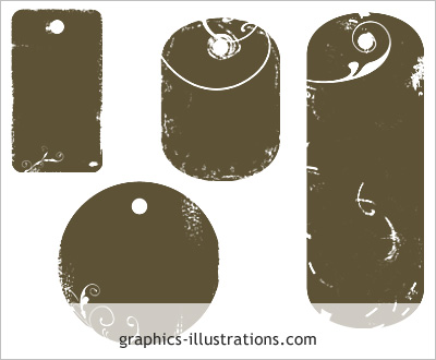 Tag shapes with swirls decorations in grunge style, Photoshop 7 brushes