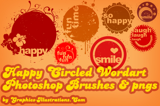 Happy Circled Word-Art Photoshop brushes (7+7 - two sizes) + 7 transparent PNG files