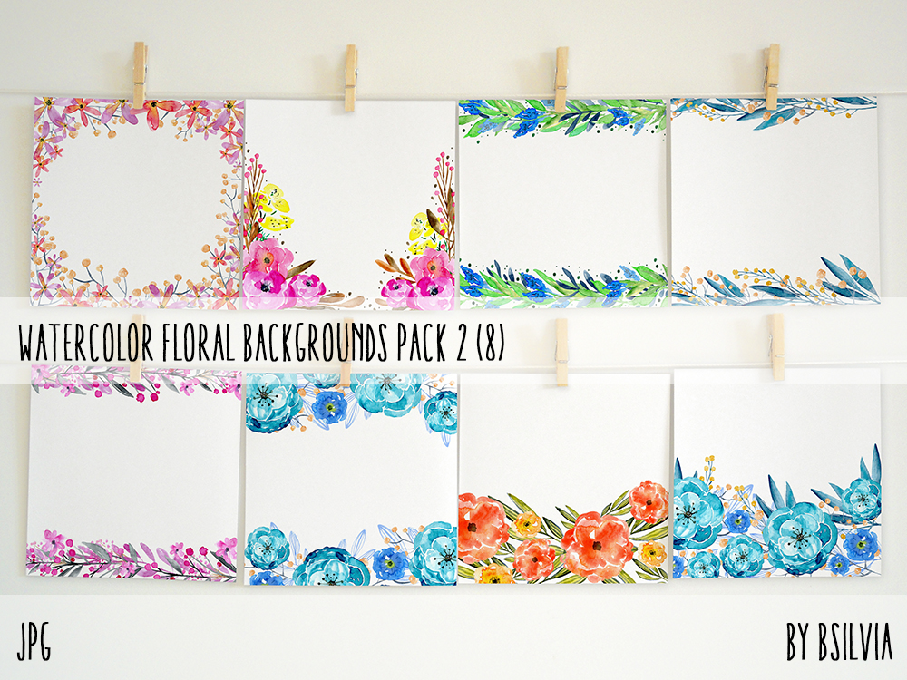 Watercolor Floral Backgrounds with Text Space, Watercolor Flowers Backgrounds Pack 2, Watercolor Flower Digital Paper, Floral Bloom Paper
