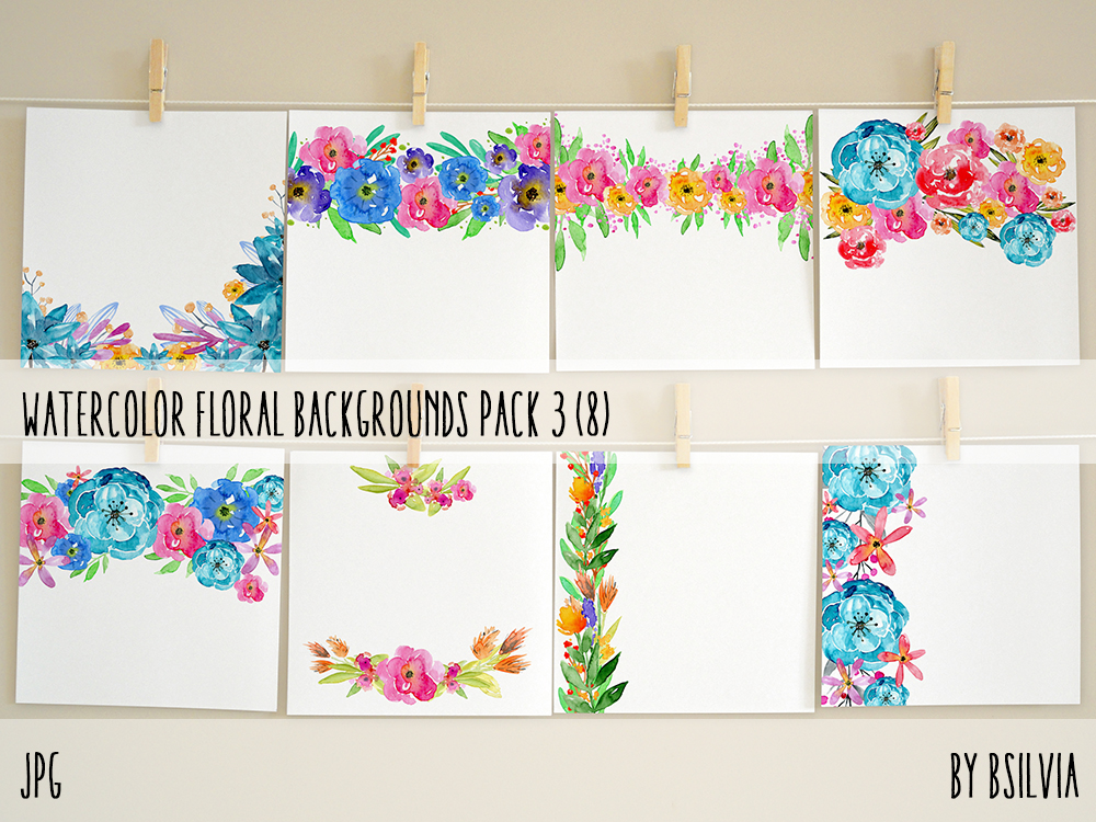 Watercolor Floral Backgrounds with Text Space, Watercolor Flowers Backgrounds Pack 3, Watercolor Papers for Digital Scrapbooking