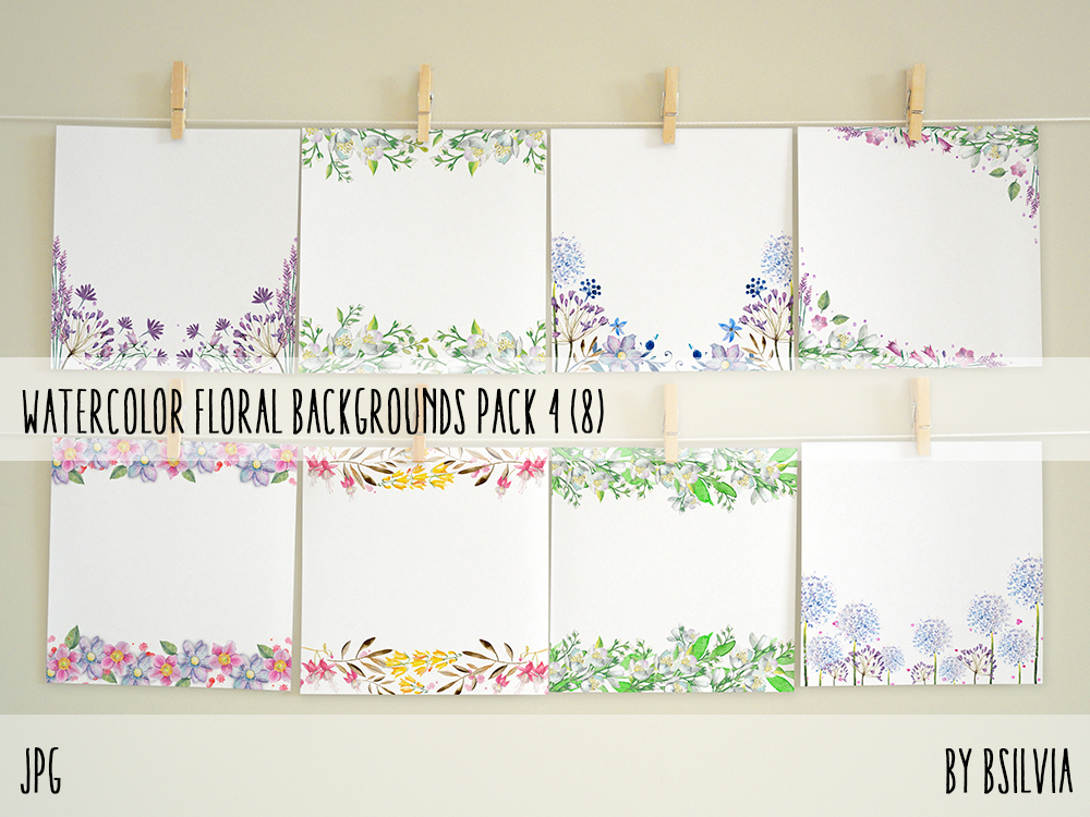 Watercolor Floral Backgrounds with Text Space, Watercolor Flowers Backgrounds Pack 4, Watercolor Papers for Digital Scrapbooking