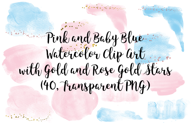 Pink and Baby Blue Watercolor Clipart with Gold and Rose Gold Stars, Transparent PNG