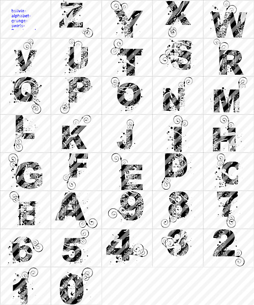 Grunge alphabet and numbers with swirls, Photoshop brushes set - FREE Download!