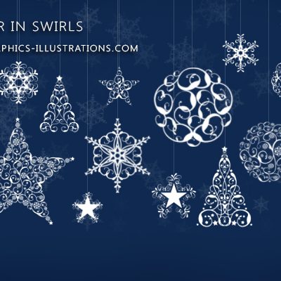 Photoshop brushes: Winter in Swirls (Snowflakes, Trees, Stars and Balls made of swirls)