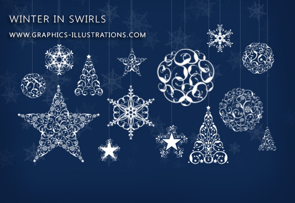 Photoshop brushes: Winter in Swirls (Snowflakes, Trees, Stars and Balls made of swirls)