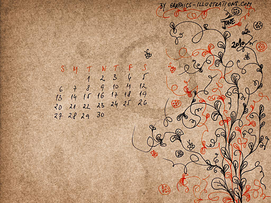 June 2010 Desktop Wallpaper Calendar + New Free Photoshop Brush Set (Happy Doodles)