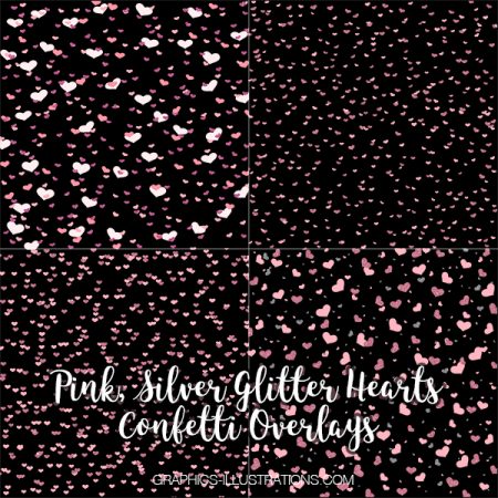 Pink Silver Glitter Hearts Confetti Overlays