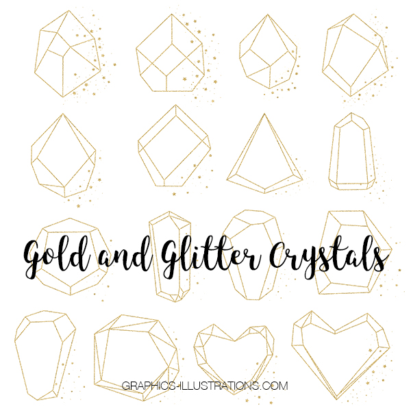 Gold and Glitter Crystal Graphic Elements, Clip Art, set of 64 transparent PNG files