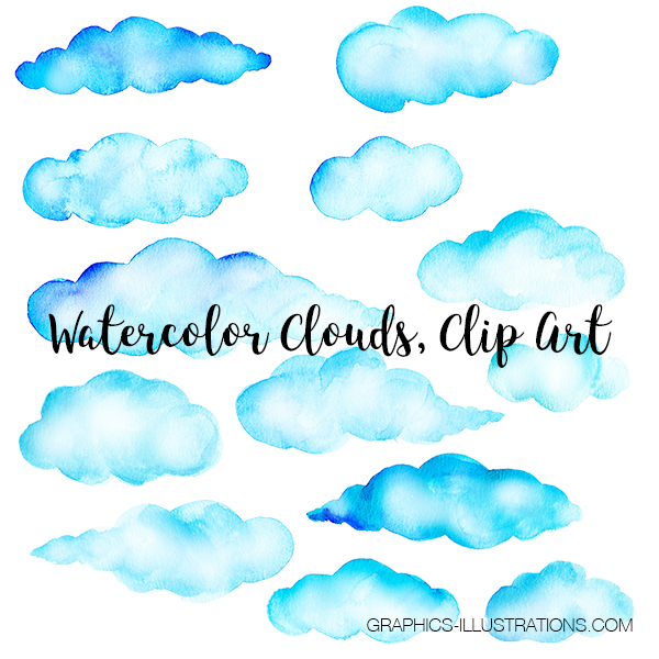 Watercolor Clouds, Clip Art, set of 64 transparent PNG files