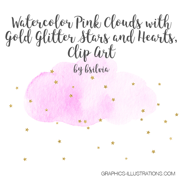 Watercolor Pink Clouds with Gold Stars and Hearts, Clip Art