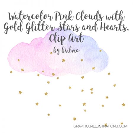 Watercolor Pink Clouds with Gold Stars and Hearts, Clip Art