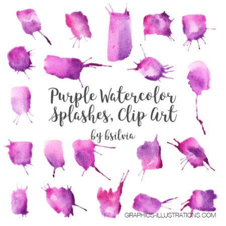 Purple Watercolor Splashes Clip Art, Watercolor Brush Strokes
