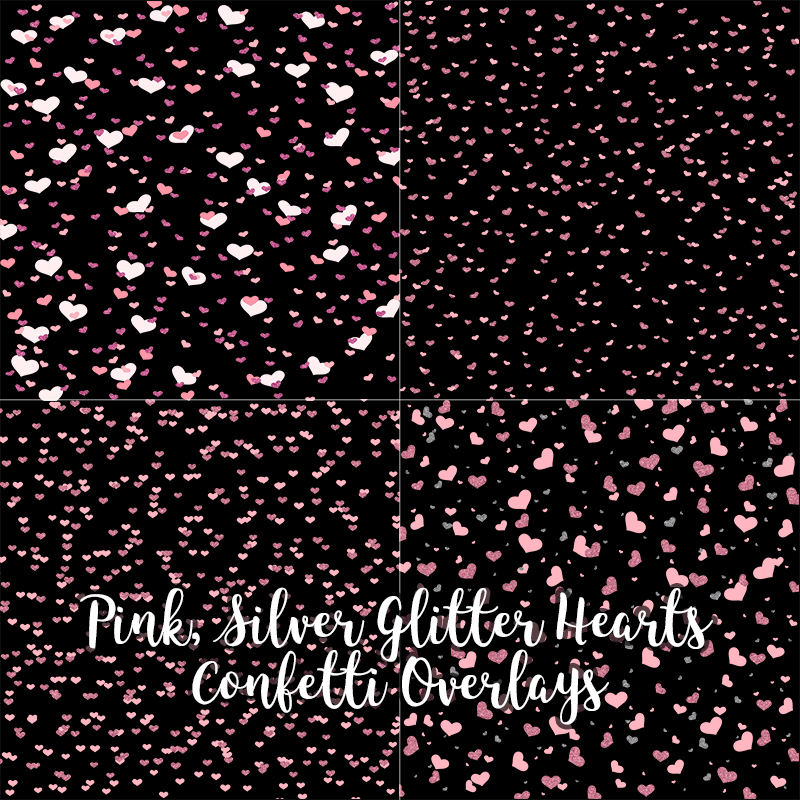Pink Silver Glitter Hearts Confetti Overlays, Hearts Confetti Transparent PNG files, Hearts Confetti Photo Overlays, Pink Glitter Confetti