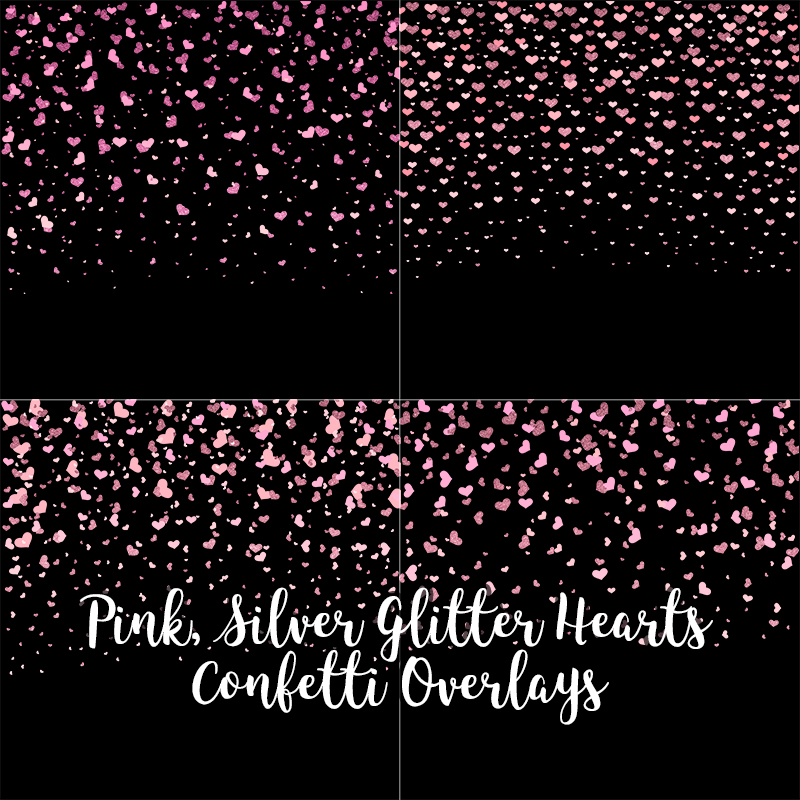Pink Silver Glitter Hearts Confetti Overlays, Hearts Confetti Transparent PNG files, Hearts Confetti Photo Overlays, Pink Glitter Confetti