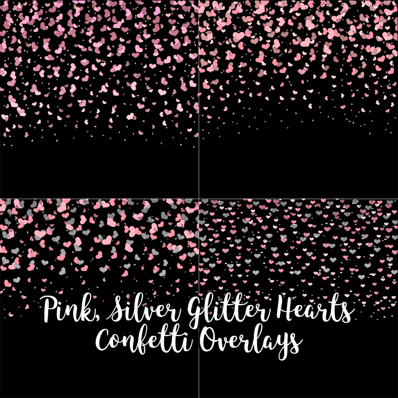 Pink Silver Glitter Hearts Confetti Overlays, Hearts Confetti Transparent PNG files, Hearts Confetti Photo Overlays, Pink Glitter Confetti