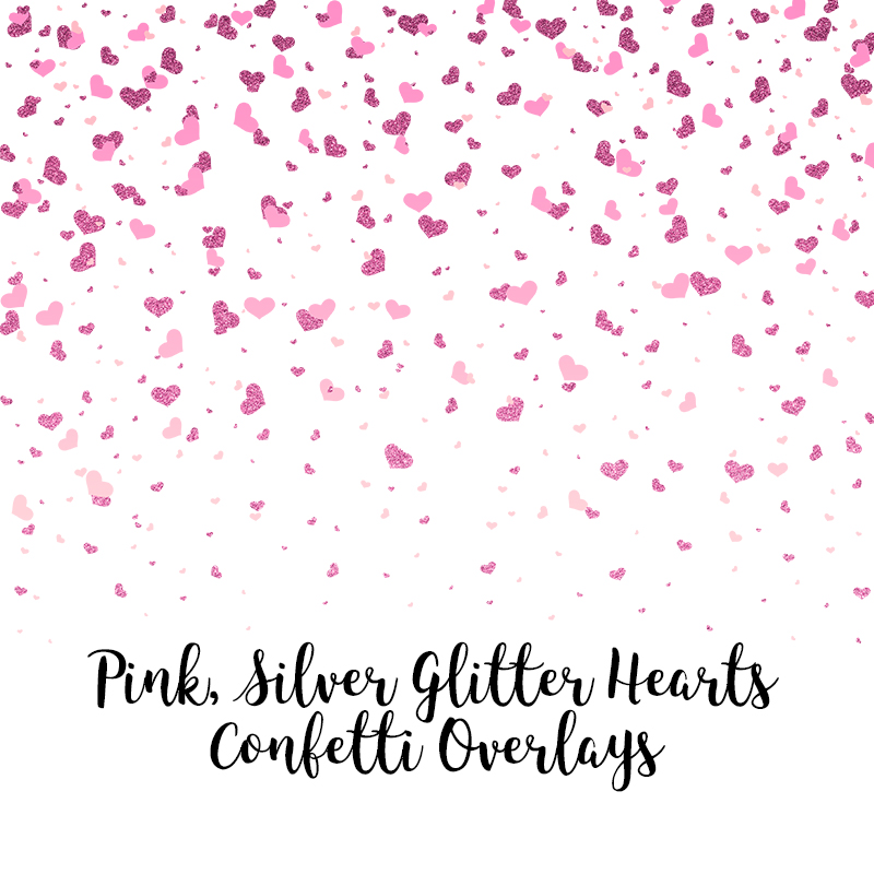 Pink Silver Glitter Hearts Confetti Overlays, Hearts Confetti Transparent PNG files, Hearts Confetti Photo Overlays, Pink Glitter Confetti