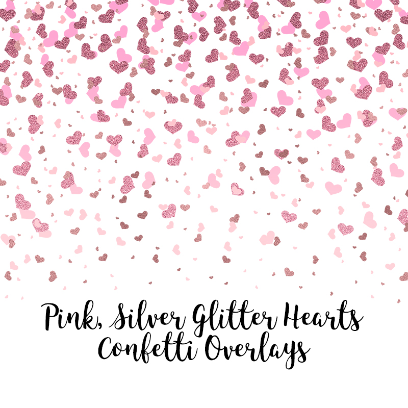 Pink Silver Glitter Hearts Confetti Overlays, Hearts Confetti Transparent PNG files, Hearts Confetti Photo Overlays, Pink Glitter Confetti