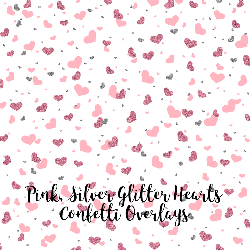 Pink Silver Glitter Hearts Confetti Overlays, Hearts Confetti Transparent PNG files, Hearts Confetti Photo Overlays, Pink Glitter Confetti