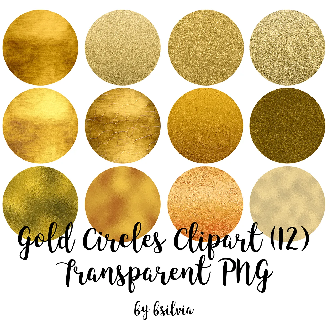 Gold Circles Clipart, Sparkly Glitter Gold Circles Transparent PNG, Gold Foil Clip Art Circles, PNG Circles, Digital Clipart