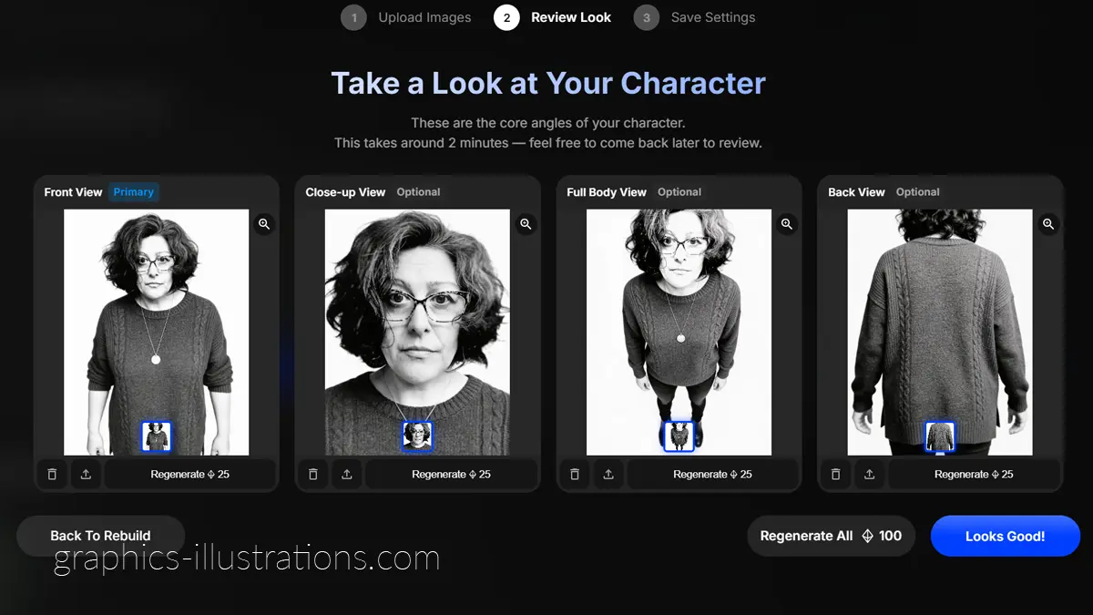AI character creation in OpenArt.ai showing front, close-up, full body, and back views