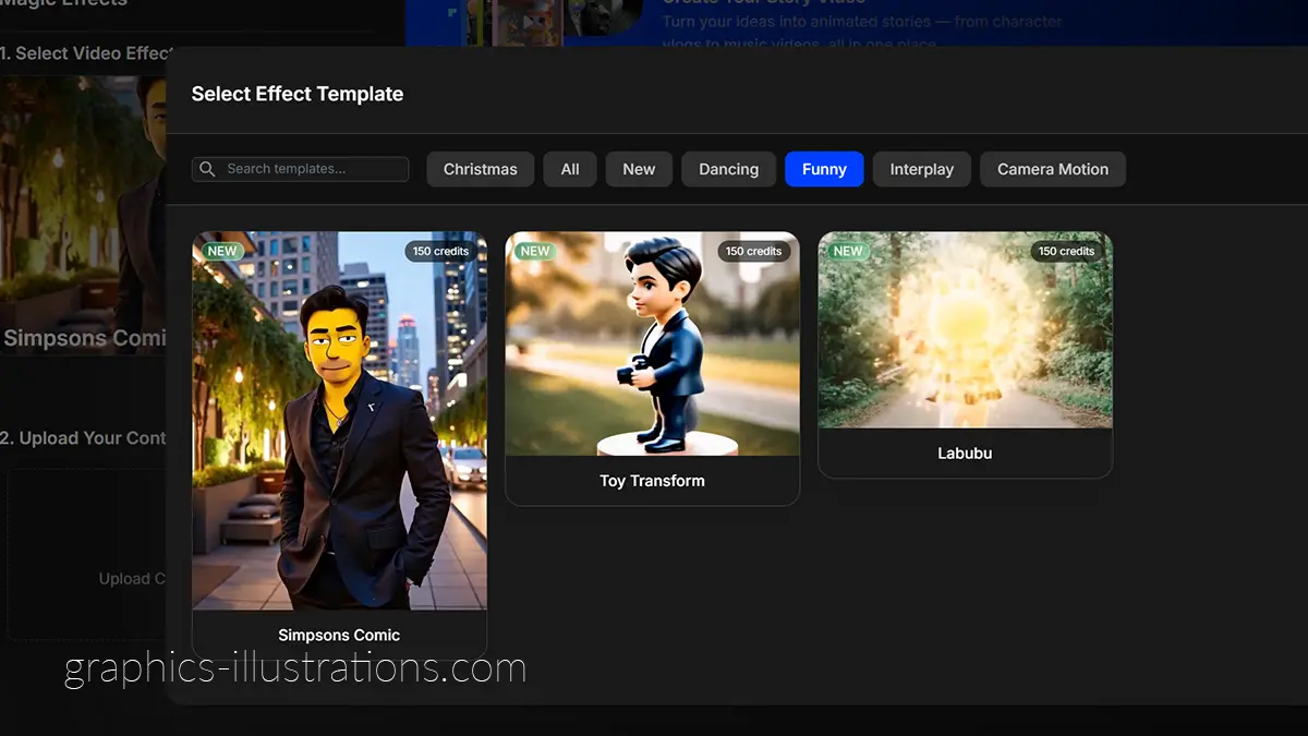OpenArt.ai magic effects templates including cartoon and transformation styles