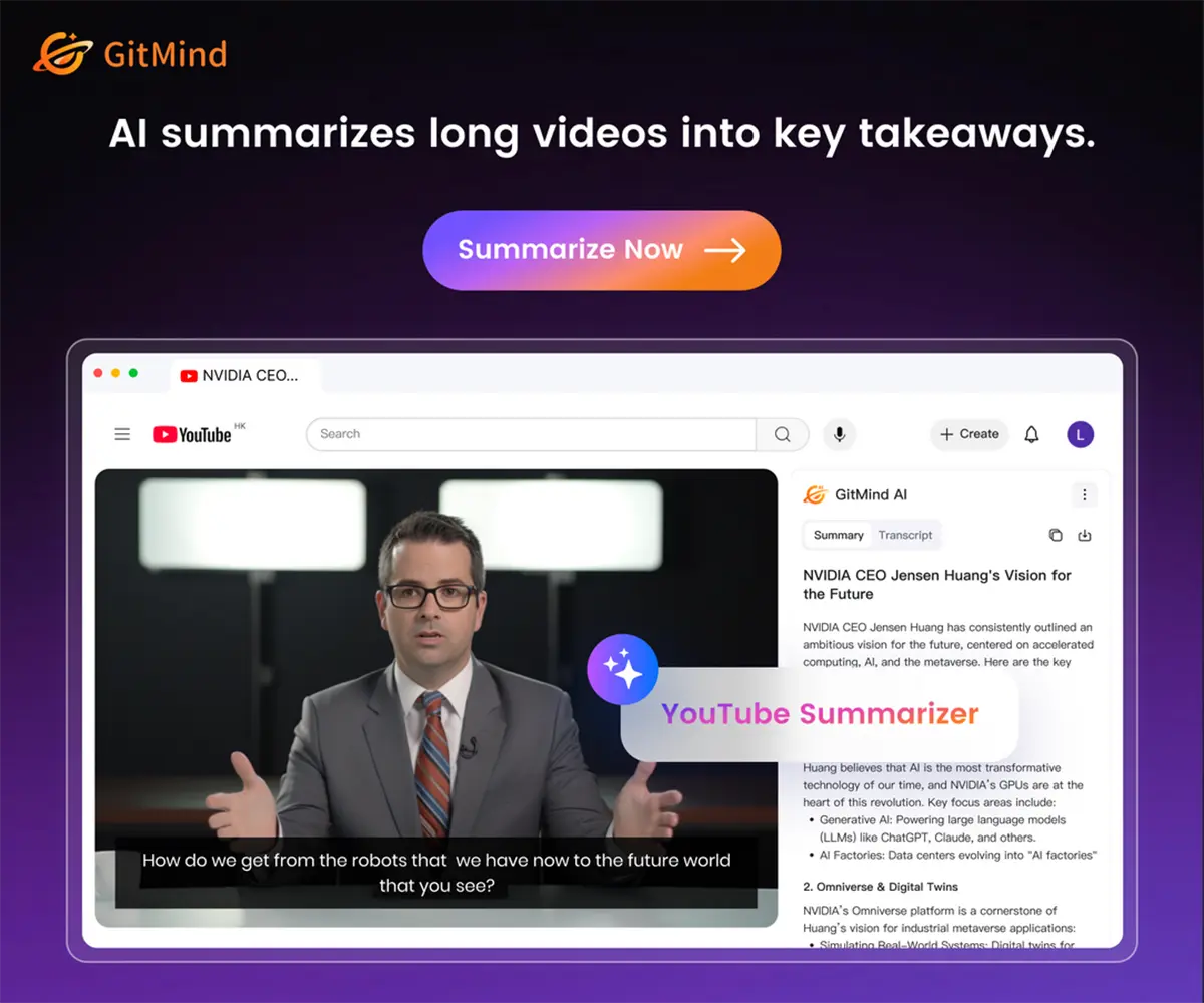 GitMind YouTube summarizer turning long videos into key takeaways and written summaries