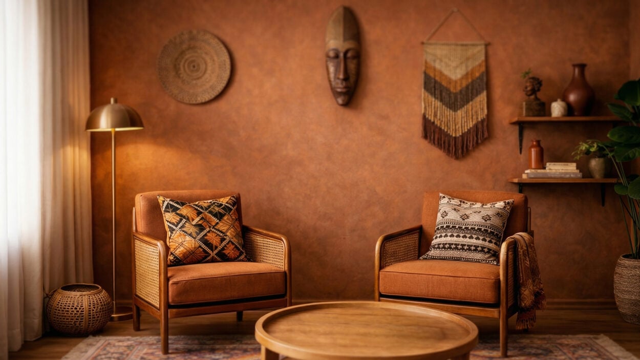 afrohemian zoom background with warm terracotta wall, two armchairs, african decor and natural textures