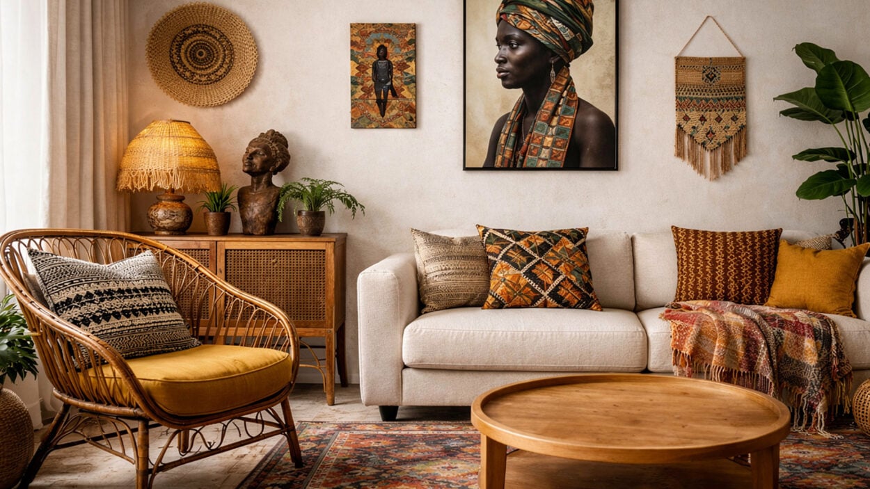 afrohemian zoom background with beige sofa, african wall art, rattan chair and warm boho decor