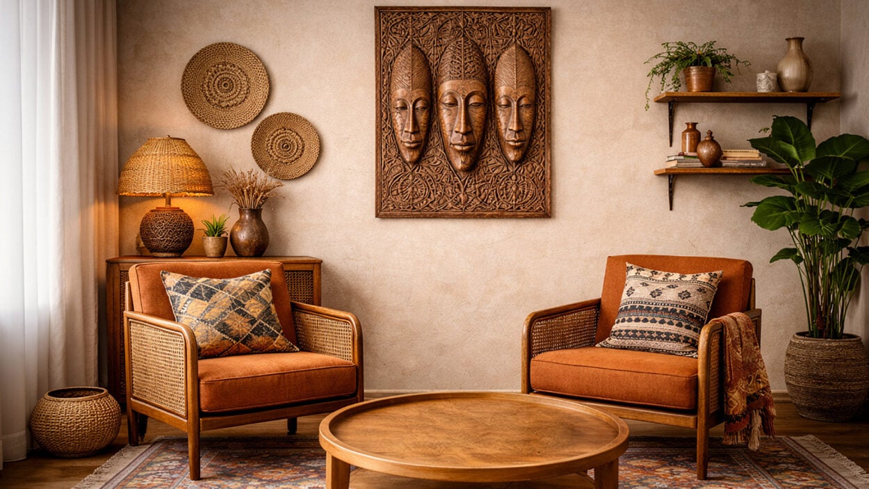 afrohemian zoom background with two armchairs, carved african wall art, warm earthy tones and natural decor