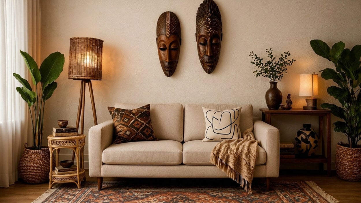 afrohemian zoom background with beige sofa, african masks, plants and cozy warm lighting