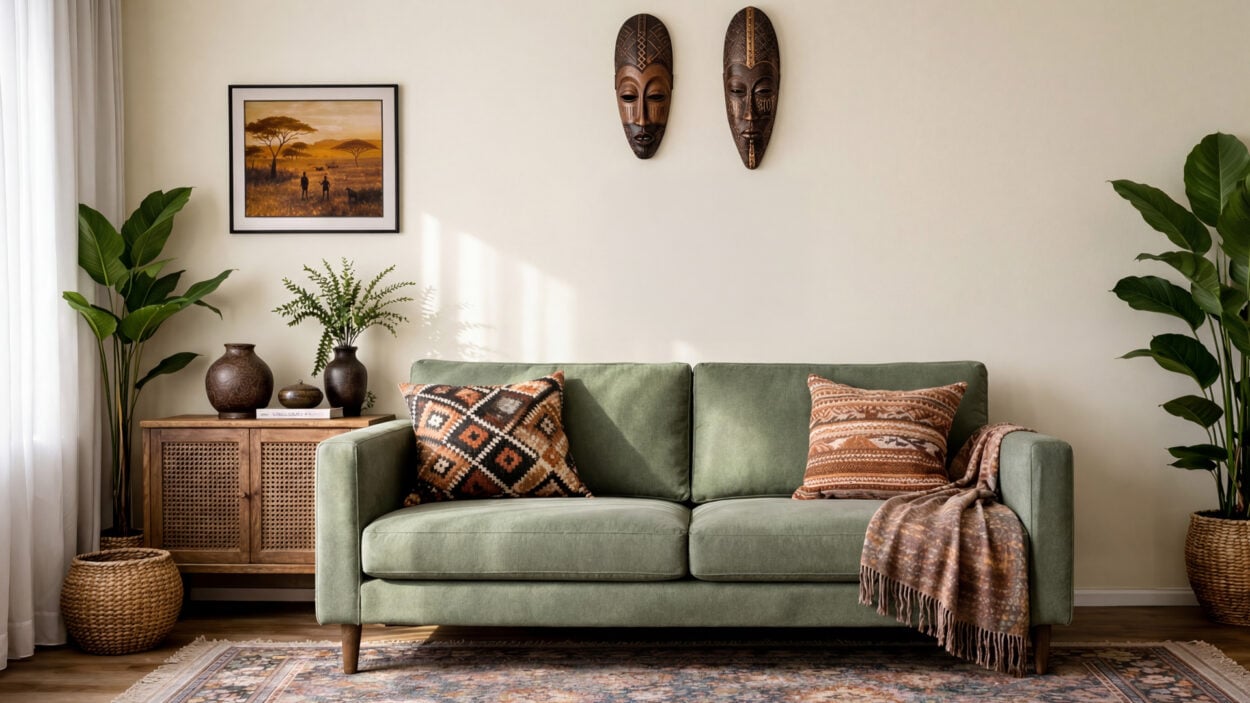 afrohemian zoom background with green sofa, african masks, plants and bright natural light