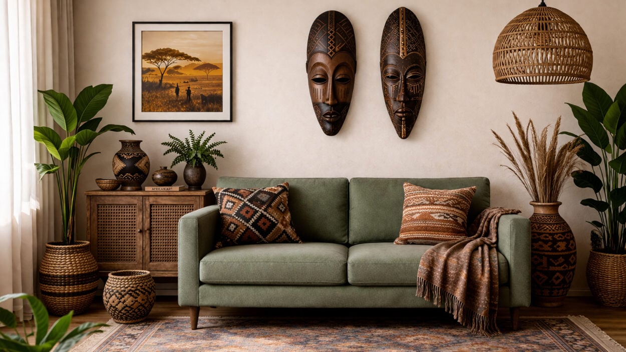 afrohemian zoom background with green sofa, african masks, wall art and natural boho decor