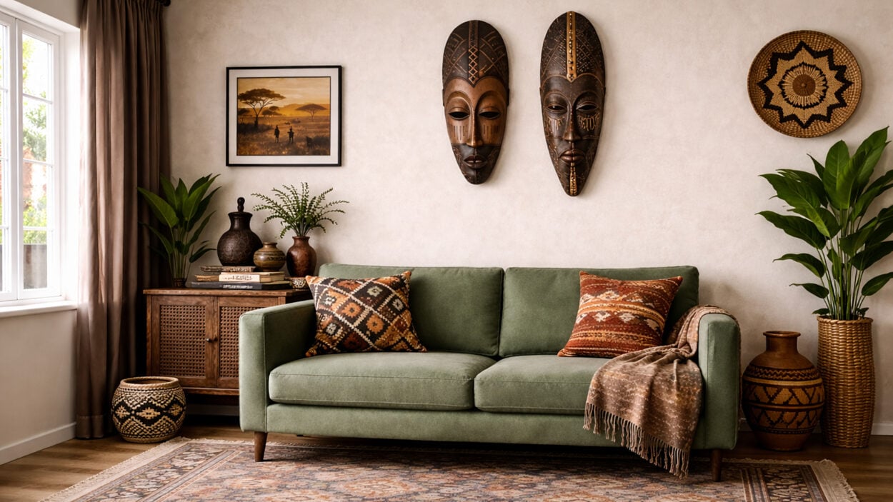 afrohemian zoom background with green sofa, african masks, wall decor, plants and natural textures