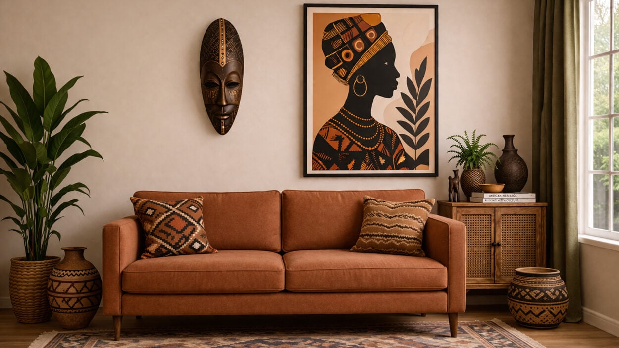 afrohemian zoom background with terracotta sofa, african portrait art and warm boho decor