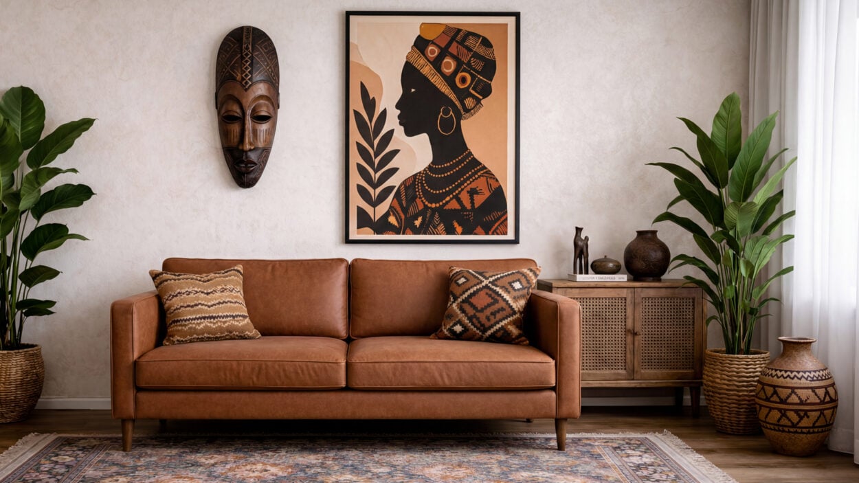 afrohemian zoom background with brown leather sofa, african art, mask and minimal natural decor