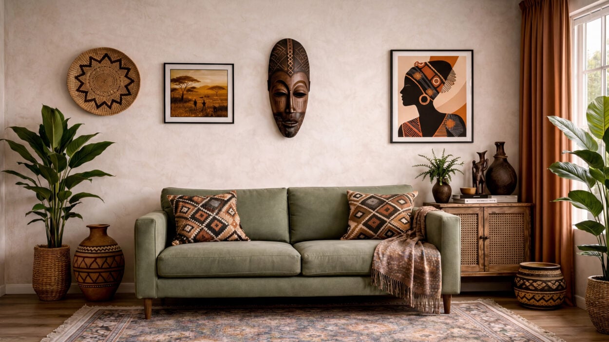 afrohemian zoom background with green sofa, african art gallery wall, plants and warm natural decor