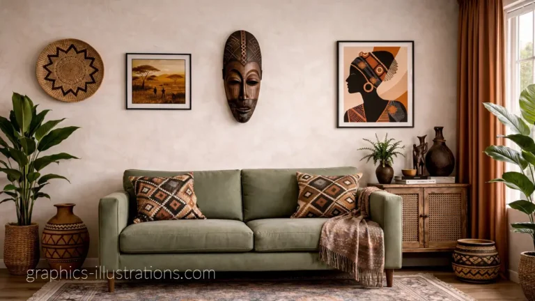 afrohemian zoom background free with green sofa, african wall art and warm natural decor