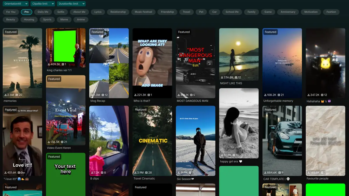 CapCut templates library trending video templates grid