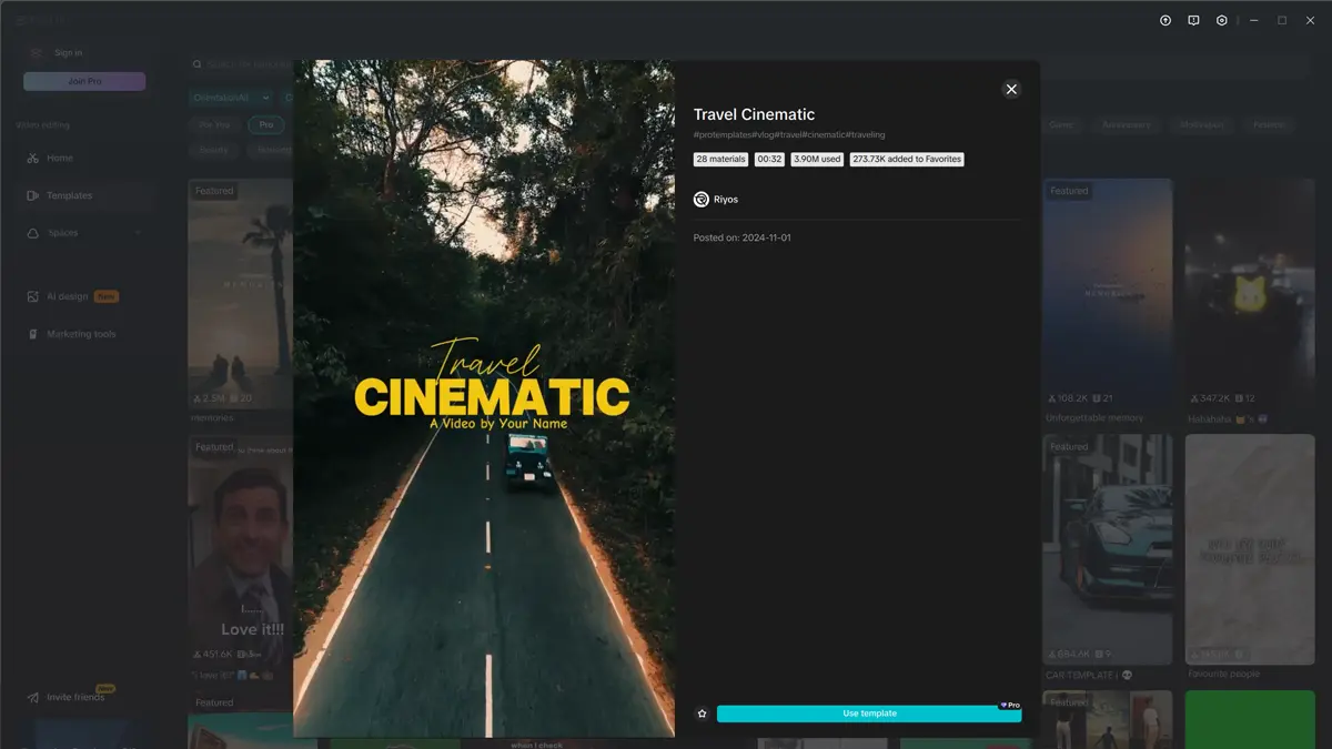 CapCut travel cinematic template vertical video editing