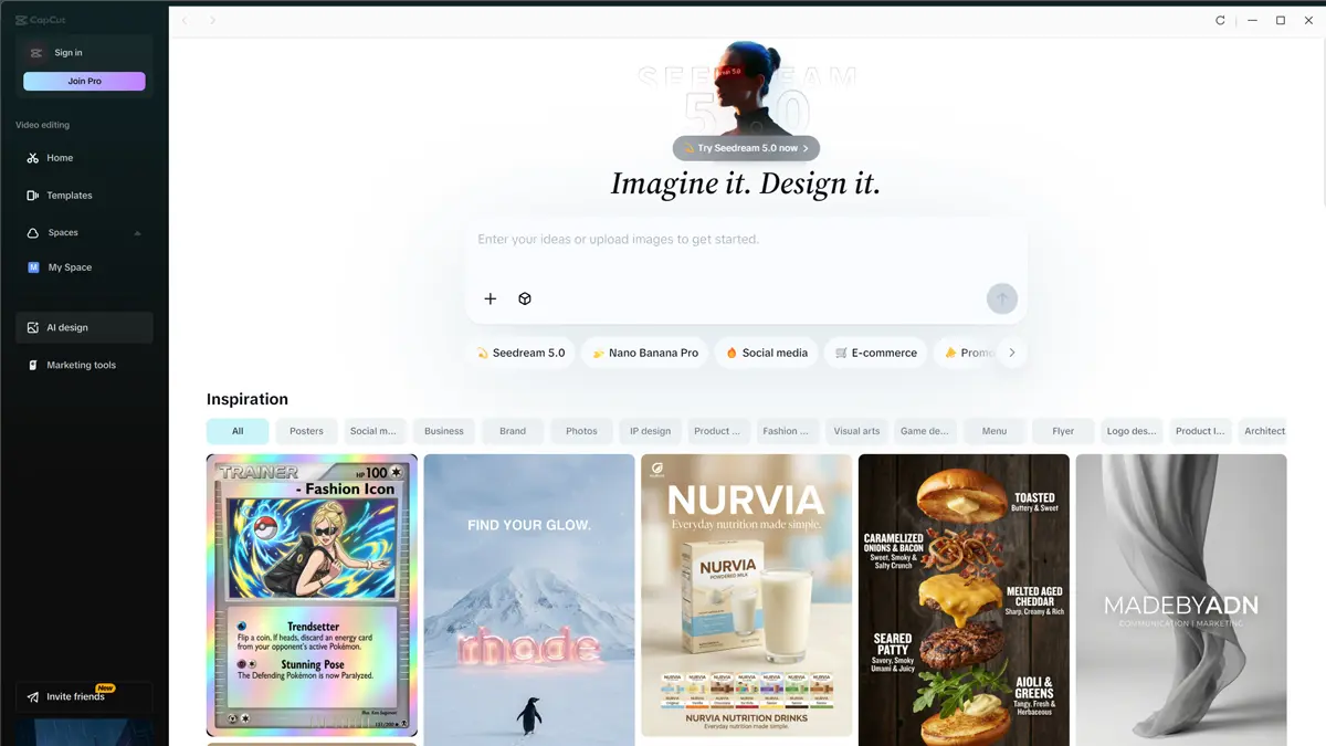 CapCut AI design tool interface templates and creative assets