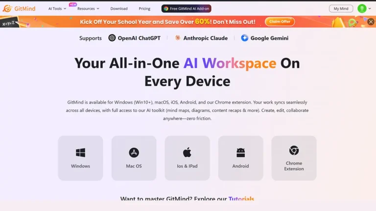GitMind download page showing apps for Windows Mac iOS Android and Chrome extension